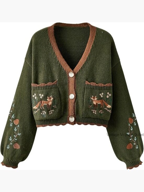 Sweaters - Embroidered Floral Cropped Cardigan V-Neck Boho Open Front Cardigan